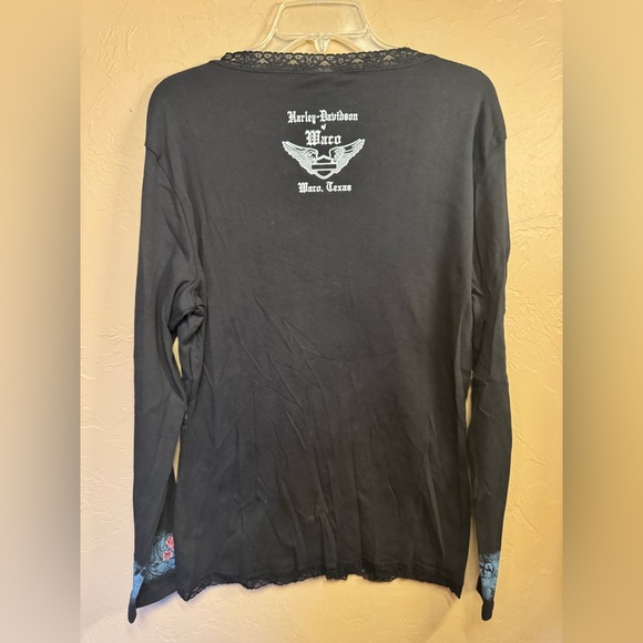 Harley-Davidson Women's Black and Blue Floral Long Sleeve - Picture 2 of 3